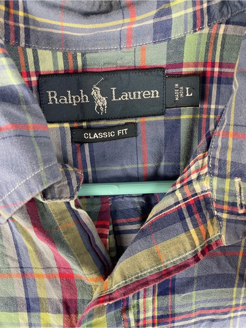 Ralph Lauren Blue Plaid Short-Sleeve Button-Down Shirt with Pink Logo